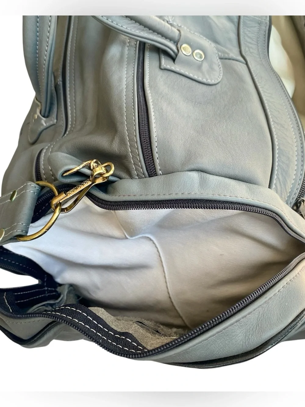 Vintage Leather Duffel Carryall Weekender Bag Gray
